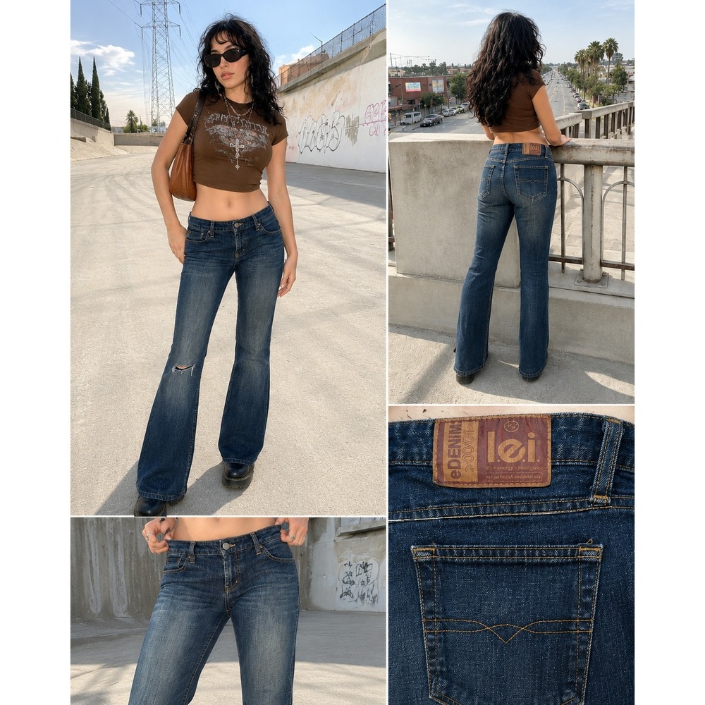 LEI Y2K Flare‎ Leg Jeans Women 13 Grunge Indie Vanguard Retro Dark Wash 35x31